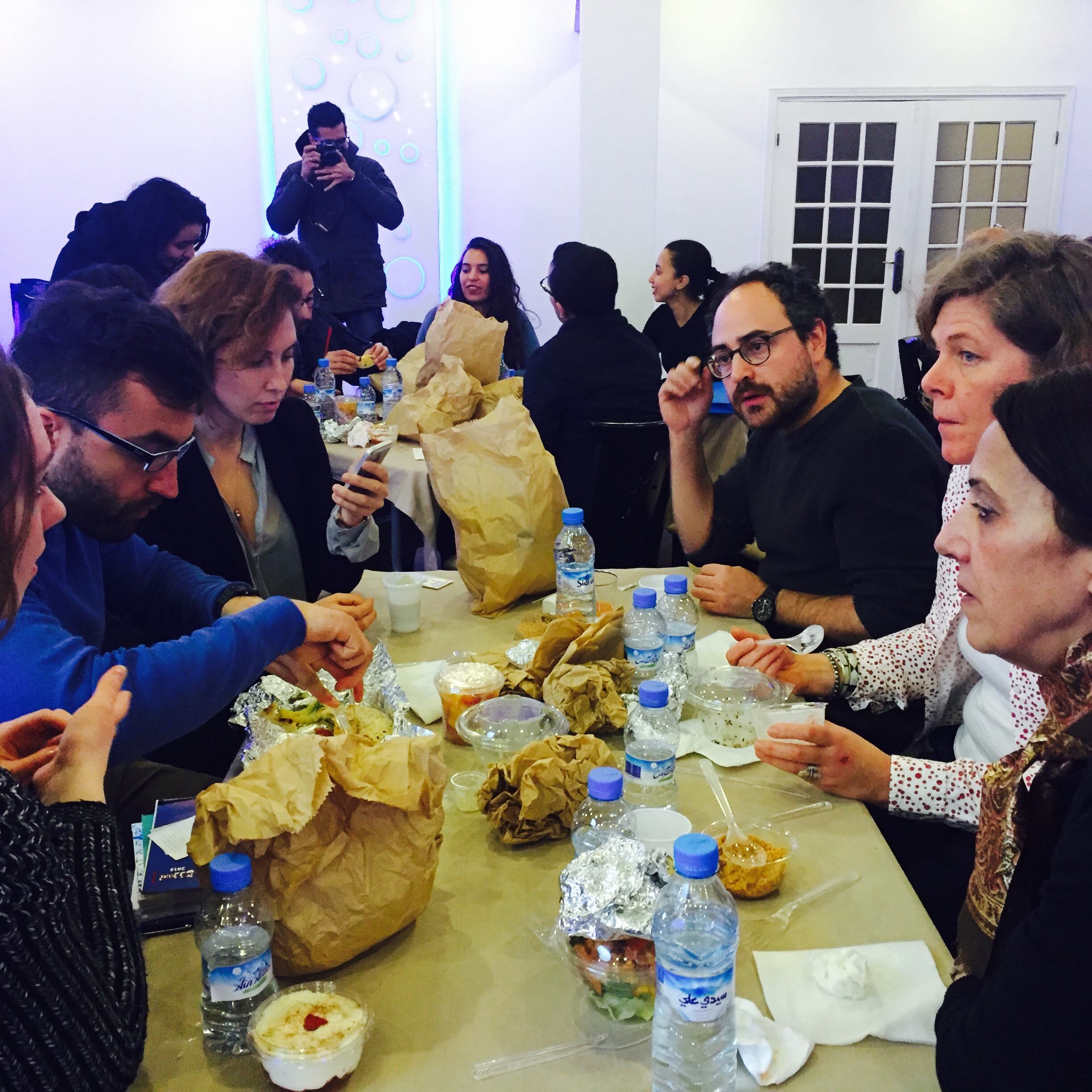 A working lunch at the Casablanca rights hub includes Eduardo Rabasa (Sexto Piso) and Tomaso Biancardi, a scout with Eccles Fisher Associates UK. Image: Olivia Snaije 