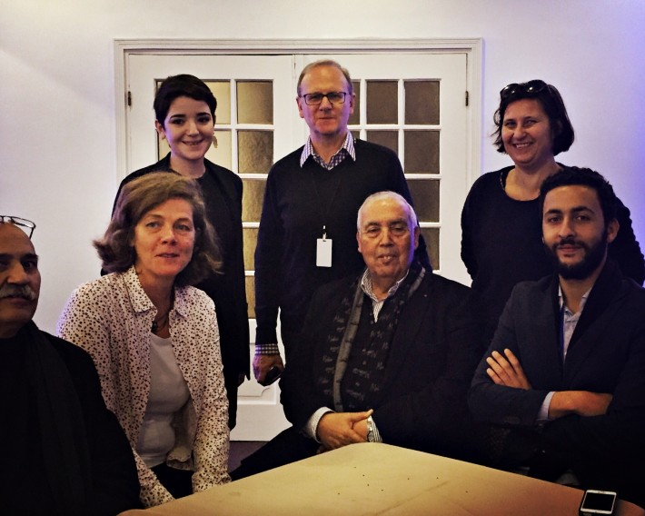 From left at Casablanca's inaugural publishing rights hub: Kacem Basfao of Casablanca University, Laure Pécher, Chayma Soltani, Pierre Astier, Abdelkader Retnani, Odile Nublat of Morocco's French Book Office, and Brahim Khalil Retnani. Image: Olivia Snaije 